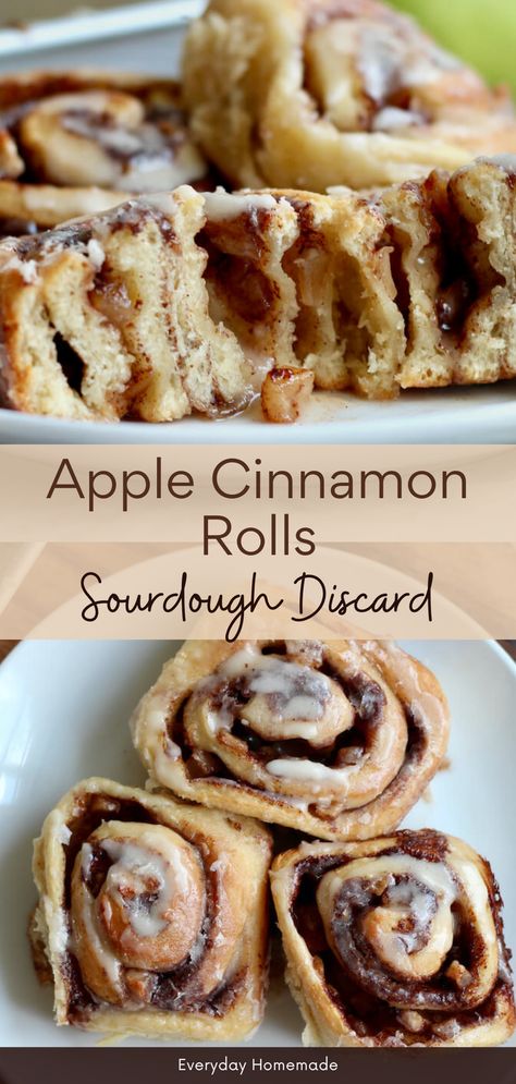 Indulge in these Sourdough Discard Apple Cinnamon Rolls, a cozy fall breakfast or dessert! This recipe uses sourdough starter discard with no yeast, making it easy and delicious. Filled with sweet sautéed apples and cinnamon, these rolls are perfect for capturing the flavors of the season. Caramel Apple Sourdough Cinnamon Rolls, Sourdough Apple Cider Cinnamon Rolls, Apple Sourdough Cinnamon Rolls, Sourdough Discard Apple Pie, Sough Dough Starter Recipes, Sourdough Discard Sticky Buns, Recipes That Use Sourdough Starter, The Feathered Nester Sourdough, Sourdough Discard Recipes With Apples