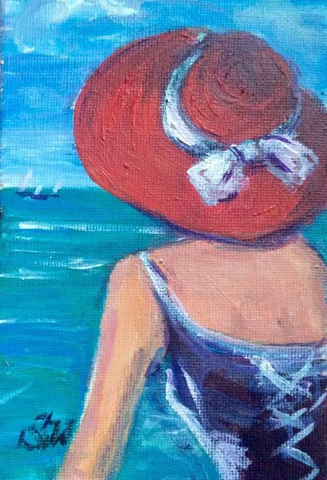 Hat Painting, Beach Art Painting, Woman In Red, Painting Woman, Summer Painting, Art And Painting, 수채화 그림, Nature Art Painting, Creative Painting