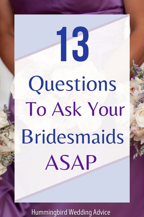 When someone agrees to be a bridesmaid in your wedding, it's important for the two of you to get on the same page. These questions to ask your bridesmaids immediately will help you, and the bridesmaid, understand how much time, effort, and money is needed or available for them to be in your wedding. The answers to the questions will help you both work together to ensure you each have the best experience possible and understand the expectations you can have on each other. // brides // bridalparty Questions For Bridesmaids, Questions To Ask Your Bridesmaids, Bridesmaid Survey Questions, Questions To Ask Bridesmaids, How To Pick Bridesmaids, Bridesmaid Questionnaire, Bridesmaid Etiquette, Bachelorette Party Budget, Bridesmaid Question