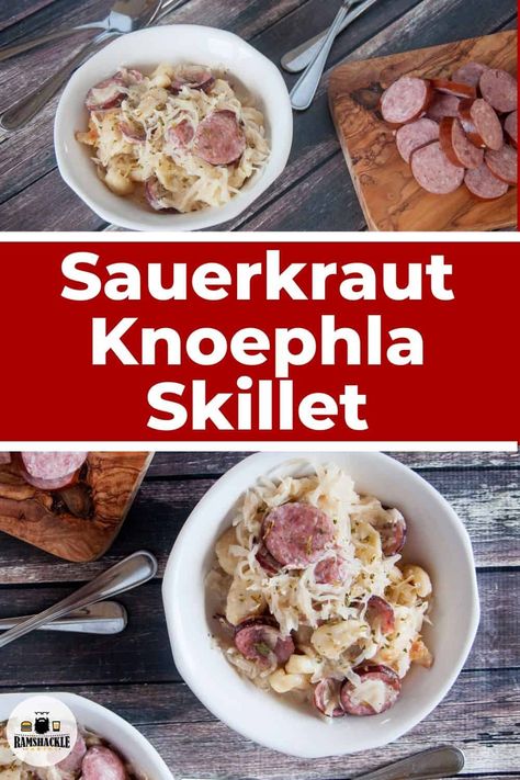 Sauerkraut and Sausage Knoephla Dumpling Skillet dish! This a classic comfort dish that has a lot of German flavors in one simple and tasty dish. #germanfood #dumplings #knopfle Sauerkraut Dumplings Recipe, German Dumplings Recipe, Sauerkraut And Sausage, German Dumplings, Sausage Sauerkraut, Traditional German Food, Sausage Skillet, Hotdish Recipes, Special Meals