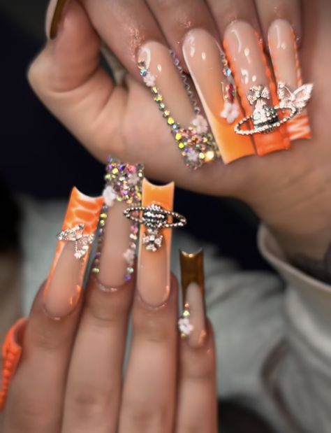 Orange Junk Nails, Orange Duck Nails, Dramatic Nails, Exotic Nail Designs, Fye Nails, Brown Acrylic Nails, Junk Nails, Orange Nail Designs, Long Stiletto Nails