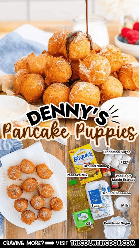 Fried Pancake Balls, Deserts With Pancake Batter, Pancake Bites With Bisquick, Pancake Mix Recipe Ideas Desserts, Sweet Hush Puppies, Pancake Mix Recipe Ideas, Pancake Puppies, Copycat Breakfast, Pancake Poppers