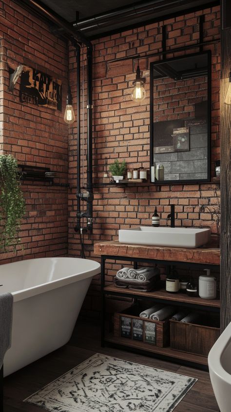 37 Breathtaking Modern Bathroom Designs for Your Home Moody Brick Bathroom, Industrial Style Bathroom Vanity, Modern Rustic Decor Bathroom, Urban Farmhouse Bathroom, Moody Industrial Bathroom, Red Brick Bathroom, Industrial Interior Design Bathroom, Men’s Bathroom, Black And Brown Bathroom Ideas