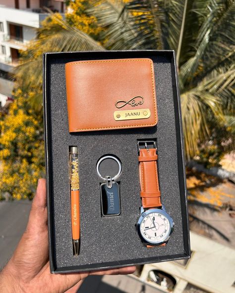 Gift Set Includes 1 Men wallet 1 Gold Flake pen 1 metal Keychain 1 wrist watch Scope Of name customised on pen, Keychain and wallet 6 matching Colors available : Brown, black, blue, tan, wine & grey Olive combo available with black watch Comes in a premium box 📦 🔹Dispatched on 3rd working day post payment Note : Watch dial and colour shade might subject to change as per stock availability #menswallet #combooffer #menscombo #giftformen #gifyforboys #giftforhusband Pen Keychain, Personalized Photo Frames, Gold Flake, Men Wallet, Watch Dial, Perfume Gift Sets, Metal Keychain, Wallet Pattern, Perfume Gift