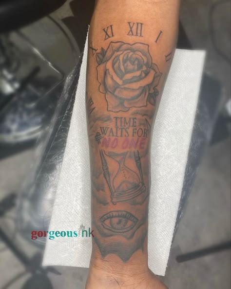 Fbgm Tattoos, Time Waits For No One Tattoo, Arm Tattoos Black, Arm Tattoos For Guys Forearm, Time Waits For No One, One Tattoo, Nouveau Tattoo, Tattoos Black, Virgo Tattoo