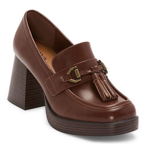 a.n.a Womens Hazen Loafers, Color: Dark Cognac - JCPenney Brown High Heel Loafers, Shoes For Trousers Women, High Heel Loafers, High Block Heels, Halloween Costumes To Make, Cute Professional Outfits, Heel Loafers, Loafers Outfit, Loafers Brown