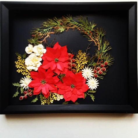 Poinsettias Wreath Shadow Box Frame ... Christmas Box Frames, Wall Shadow, Big Paper Flowers, Dried Flowers Diy, Art Shadow, Poinsettia Cards, Flower Shadow, Home Office Wall Decor, Poinsettia Wreath