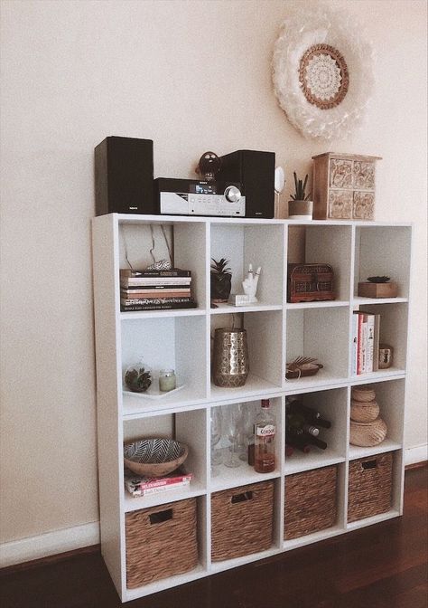 Square Organizer Storage, White Cube Shelf Decor, Square Shelf Decor Cubbies, Ikea Square Shelves, Aesthetic Cube Shelves, Ikea Cube Storage Hack, Cube Shelf Decor, Kallax 4x4, Ikea Shelves Bedroom