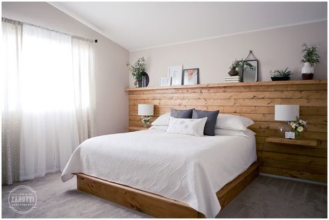 Full Wall Headboard With Shelves, Wood Headboard Accent Wall, Half Wall Headboard Ideas, Diy Headboard And Nightstand, Shiplap Wall As Headboard, Tongue And Groove Headboard Diy, Accent Wall Headboard Diy, Accent Wall For Headboard, Half Shiplap Wall With Shelf