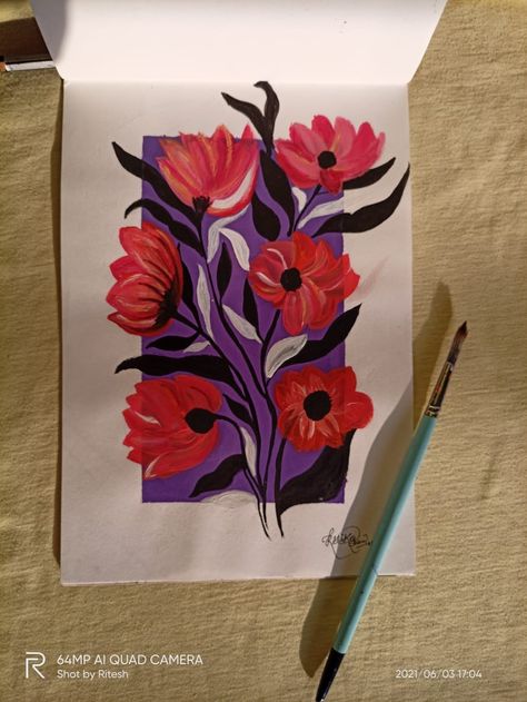 Red-pink flowers in lavender background using acrylics. Split Complimentary Colors Art, Colour Sheet, Cards Painting, Flowers Acrylic Painting, Painting Colour, Red Lavender, Flowers Acrylic, Drawing Book, Complimentary Colors