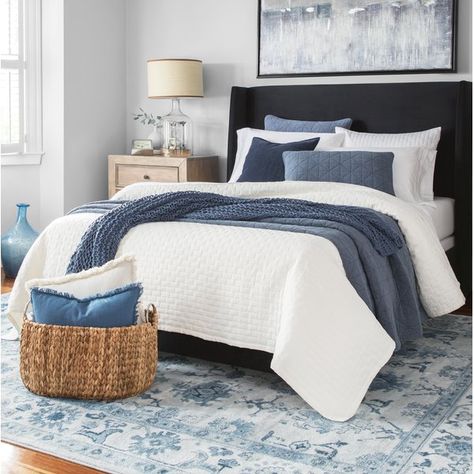 You'll love the Wingback Upholstered Panel Bed at Wayfair - Great Deals on all Furniture products with Free Shipping on most stuff, even the big stuff. White And Blue Comforter Bedroom, Blue Pillows Bedroom, Blue And White Bedroom Decor, White And Blue Bedding, Navy And White Bedroom, Tilly Upholstered Bed, Upholstered Panel Bed, Upholstered Panels, Blue Bedroom