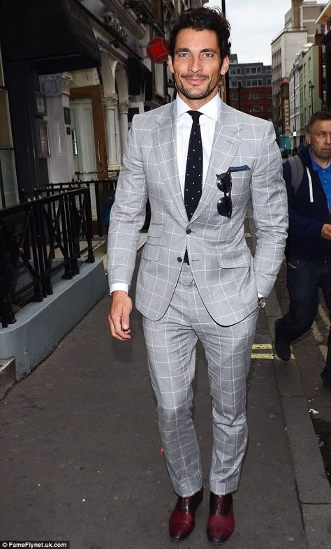 Check mate: Model David Gandy smouldered in a pale grey check suit... David Gandy Style, Wedding Suits Men Grey, Grey Check Suit, Grey Suit Men, A Man In A Suit, Man In A Suit, Mens Fashion Business, Check Suit, Checked Suit