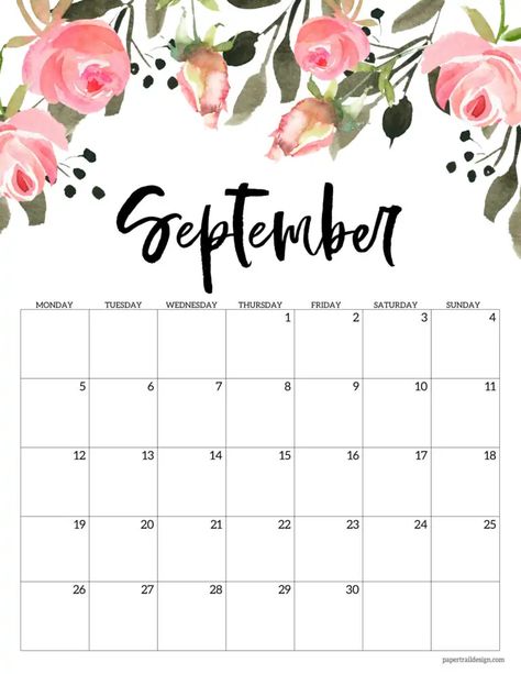 Printable Calendar Pages, Paper Trail Design, Free Printable Calendar Templates, Floral Calendar, Flower Calendar, September Calendar, To Do Planner, Trail Design, 9 September