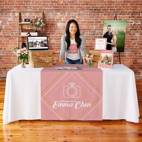 Emily - what do you think of doing a table runner instead of a table cloth? Vendor Table Display, Wedding Expo Booth, Bridal Show Booths, Craft Fair Table, Booth Table, Vendor Booth Display, Vendor Table, Craft Show Booths, Craft Fair Booth Display