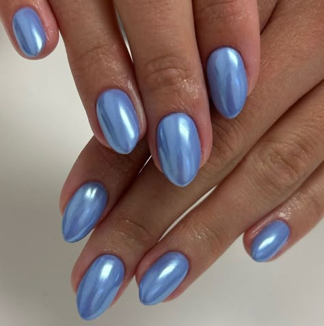 Blueberry Chrome Nails, Navy Nail Inspo Almond, Beach Chrome Nails, Blue French Tip With Chrome, Prom Nails Teal, Blue French Tip Chrome Nails, Nails With Blue Dress, Light Blue Nails Summer, Mermaid Blue Nails