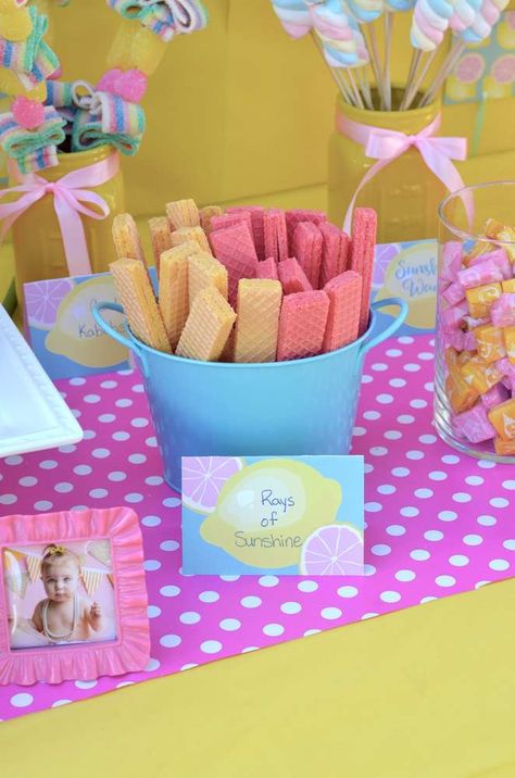 Lemonade Birthday Theme, Pink Lemonade Party Favors, Lemonade Themed Birthday Party, Lemon Birthday Party Ideas, Pink And Yellow Birthday Party Decor, Pink Lemonade 1st Birthday Party, Lemonade Stand First Birthday, Lemonade Stand Party Ideas, Sunshine Lemonade 1st Birthdays