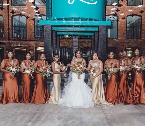 Sienna Orange Wedding, Orange And Champagne Bridesmaid Dresses, Gold And Rust Bridesmaid Dress, Champagne And Sienna Wedding, Champagne Colored Dresses, Champagne And Burnt Orange Wedding Bridesmaid Dresses, Orange Gold Bridesmaid Dresses, Fall Wedding Bridal Party Colors, Champagne And Bronze Wedding