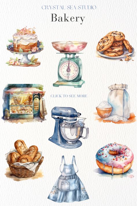 Beautiful watercolor bakery clip art images for sale to download instantly. Free commercial use. Cookie Images Clip Art, Watercolor Baking Art, Baking Watercolor, Cupcake Clip Art, Bread Clipart, Watercolor Bakery, Bakery Clipart, Baking Clipart, Homemade Recipe Books