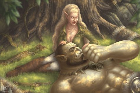 Elf And Orc, Fantasy Romance Art, Romance Art, Fantasy Romance, Fantasy Inspiration, Fantasy Artwork, Detailed Image, Beauty And The Beast, Dungeons And Dragons