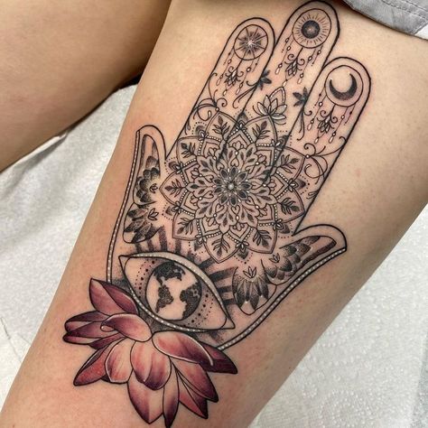 Best Hand Tattoos, Tattoos With Deep Meaning, Hand Tattoos For Men, Mandala Thigh Tattoo, Hamsa Tattoo Design, Hamsa Hand Tattoo, Lilac Tattoo, Pink Lotus Flower, Evil Eye Tattoo