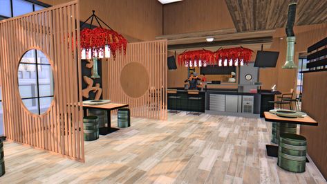 KOREAN BBQ GRILL RESTAURANT 🍚🍣 | Patreon Sims 4 Korean Restaurant, Sims 4 Sushi Restaurant, Sims 4 Japanese Restaurant, Sims 4 Grill Cc, Sims 4 Restaurant Build, Realistic Sims, Sims 4 Restaurant, Asian Grill, Korean Bbq Grill