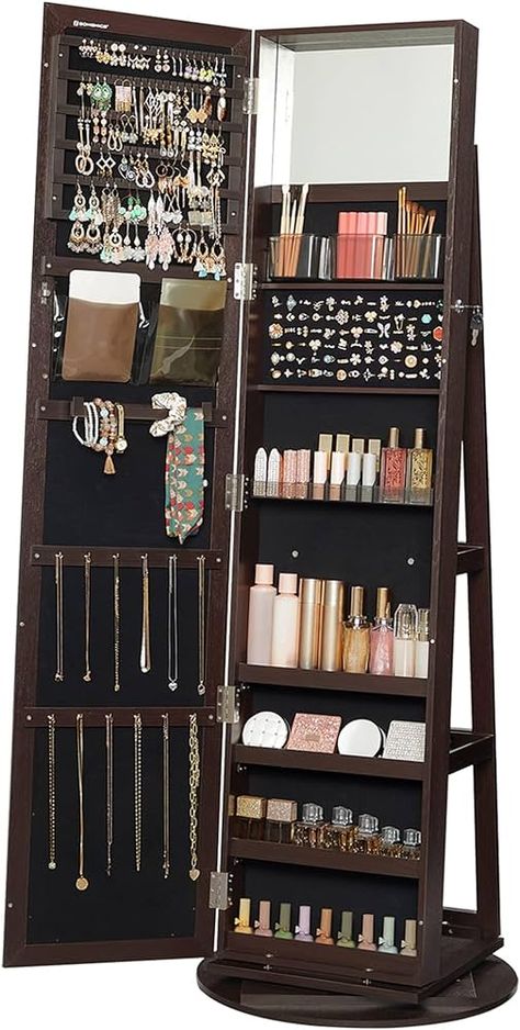 Amazon.com: SONGMICS 360° Swivel Jewelry Cabinet, Lockable Jewelry Organizer with Full-Length Mirror, Rear Storage Shelves, Interior Mirror, Jewelry Armoire, Gift Idea, Brown UJJC006R01 : Clothing, Shoes & Jewelry Jewelry Armoires, Mirror Jewelry, Interior Mirror, Standing Jewelry Armoire, Mirror Jewelry Armoire, Mirror Jewellery Cabinet, Compartment Organizer, Makeup Brush Storage, Jewelry Mirror