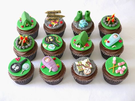 Camping cupcakes, these are so cute! Camp Cupcakes, Boy Scout Cake, Crazy Cupcakes, Fishing Cupcakes, Camping Cakes, Camping Theme Birthday, Cupcake Wars, Creative Cupcakes, Beautiful Cupcakes