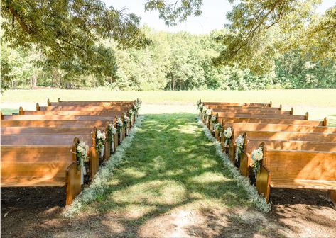 Outdoor Wedding Ceremony Seating, Outdoor Ceremony Seating, Church Pew Wedding, Blue Willow Wedding, Outside Wedding Ceremonies, Wedding Ceremony Seating, Wedding Pews, Church Pews, Backyard Wedding Ceremony