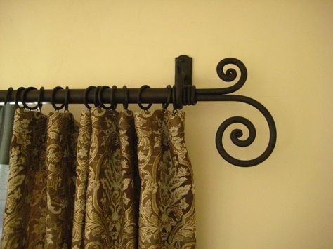 Wrought Iron Finial  www.ironhardware.com Wrought Iron Curtain Rod Ideas, Rustic Curtain Rods, Iron Curtain Rods, Balcony Curtains, Diy Closet Doors, Closet Curtains, French Door Curtains, Wood Curtain, Wrought Iron Decor