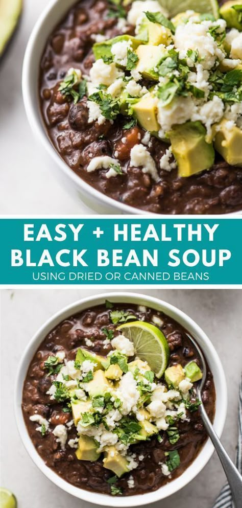 This Easy Black Bean Soup Recipe is made with canned black beans, tomatoes, onions, garlic and a blend of simple spices. It’s a healthy vegetarian and vegan meal that will satisfy everyone! #blackbeansoup #soup #blackbean Spinach And Black Bean Recipes, Black Bean Quinoa Soup, Crock Pot Black Bean Soup, Black Bean Soup Dried Beans, Black Bean Crockpot Recipes, Black Bean Soup Crock Pot, Black Bean Chilli, Easy Black Bean Soup, Black Beans Recipe