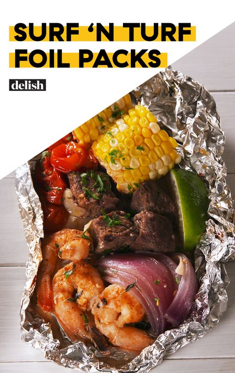 Surf 'N Turf Foil Packs are so simple, you actually have to try to mess them up. Get the recipe at Delish.com. #recipe #easy #easyrecipe #shrimp #steak #corn #seafood #meat #surf #grill #grilling Friday Meals Dinners, Weekday Dinner Ideas, Friday Dinners, Foil Packet Dinners, Friday Dinner, Foil Pack Meals, Foil Dinners, Foil Packs, Foil Packet Meals