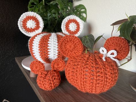 Only $30 on Etsy! Set of 3 Mickey & Minnie inspired crocheted pumpkins Crochet Spooky, Crochet Stuffy, Crocheted Pumpkins, Pumpkin Patterns Free, Crochet Mickey Mouse, Minnie Mouse Pumpkin, Round Loom Knitting, 3 Pumpkins, 3d Crochet