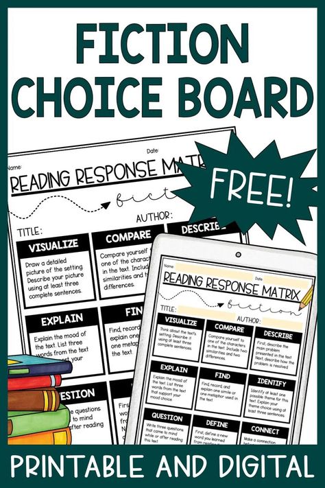 Do you want to provide your students with more choices so they can take ownership of their learning? If so, you’ll love this free fiction choice board! This printable and digital reading response menu is a perfect addition to a class novel, independent reading time, or a small group reading activity. You can use it in your Google Classroom for distance learning too! Your 4th, 5th, 6th, and middle school students will have fun with this reading comprehension activity! Grab this freebie today! Literature Recommendations, Reading Comprehension Games, Intermediate Reading, Comprehension Games, Active Reading Strategies, Montessori Teaching, Elementary Lessons, 6th Grade Reading, Secondary English