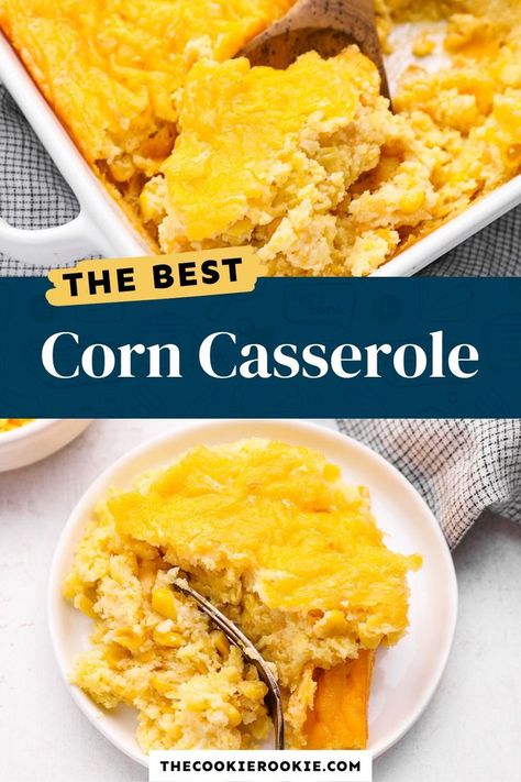 This easy Jiffy corn casserole recipe is light and fluffy with sweet, creamy corn and savory cheese. It’s low maintenance, packed with flavor, and it’s the perfect side dish for any holiday meal! Pop over to my site for the recipe! | side dishes | thanksgiving recipes | christmas recipes | Corn Cheese Casserole, Jiffy Corn Casserole Recipe, Cheesy Casserole Recipes, Easy Corn Casserole, Thanksgiving Stuffing Recipes, Yummy Vegetable Recipes, Corn Casserole Recipe, Corn Cheese, The Cookie Rookie