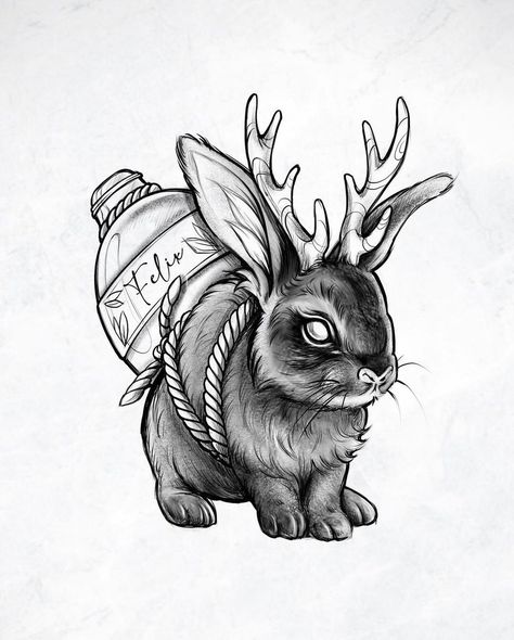 Rabbit With Antlers Tattoo, Bunny With Antlers Tattoo, Cute Jackalope Tattoo, Gothic Bunny Tattoo, American Traditional Bunny, Wendigo Tattoo Design, Jack Rabbit Tattoo, Rabbit With Antlers, Rabbit Tattoo Ideas