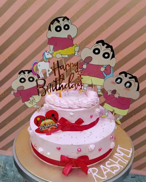 Two tier Strawberry 🍓 Shinchan themed Shinchan Cake, 3 Tier Cake, Strawberry Cake, Tiered Cakes, Themed Cakes, Cake, Quick Saves