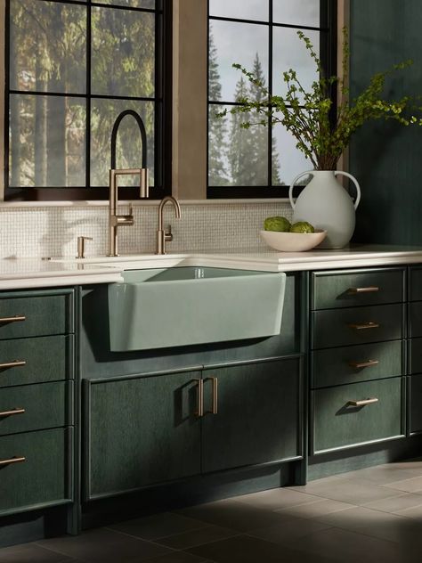 Kohler Kitchen Sink, Undermount Bar Sink, Bar Sink Faucet, Green Kitchen Designs, Kohler Purist, Kohler Kitchen, Designer Kitchens, Green Sink, House Color Palettes