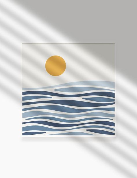 SUN OVER THE BLUE OCEAN WAVES. BOHO ART. Minimalist. Abstract. Printable Wall Art Illustration. – PAPER MOON Art & Design Minimalistic Illustration Art, Abstract Beach Art Painting, Blue Boho Painting, Canvas Art Beginners, Boho Ocean Bedroom, Diy Ocean Painting, Water Abstract Art, Home Decor Prints, Boho Beach Art