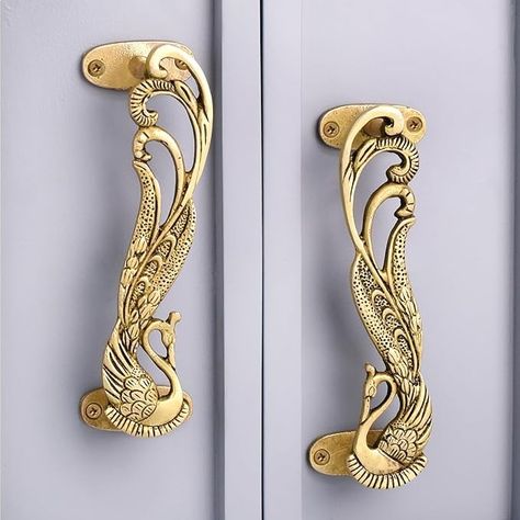 Indian Shelf 1 Pair Peacock Decorative Door Handles Interior Vintage Door Pulls Antique Brass Cabinet Pulls Unique Gold Cabinet Handles- 7.4" - Amazon.com Main Door Handles, Antique Brass Cabinet Pulls, Brass Door Handle, Gold Cabinet, Door Handles Interior, Brass Cabinet Pulls, Interior Vintage, Peacock Art, Gate House