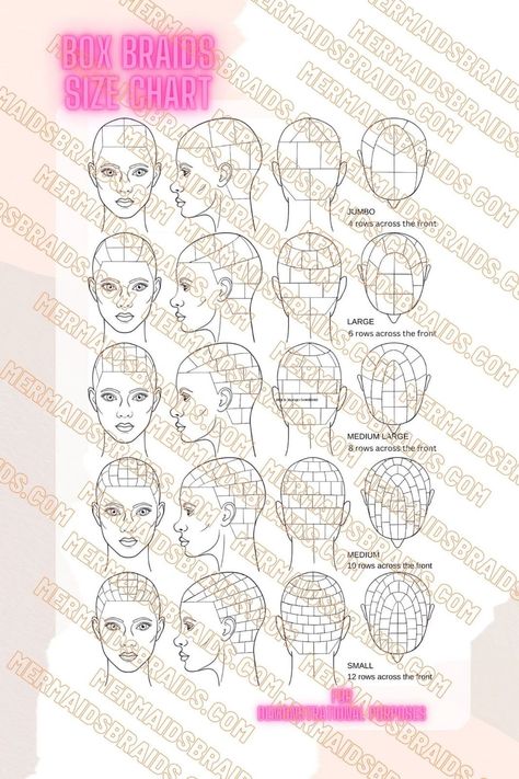 Box Braid Grid, Parting Braid Size Chart, Hair Braiding Grid, Small Braiding Part Chart, Hair Sectioning Techniques For Braids, Parting Chart For Braids Medium, Parting Hair Map For Braids, Knotless Size Chart, Box Braids Layout