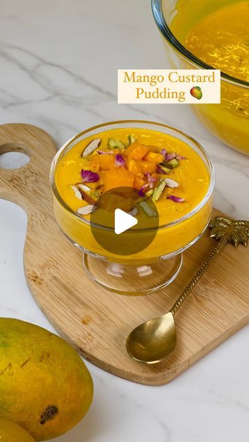 Guntas Sethi on Instagram: "✨Mango Custard Pudding✨  This is dessert is like heavenly taste of summer. As mango season arrives, it’s the perfect time to savor this must-try dessert 🍮The luscious sweetness of ripe mangoes 🥭blended with creamy custard, all coming together in less than 30 minutes🤤🤌🏽  Recipe:   For the custard:  -1/2 cup milk  -1 tbsp custard powder   For the pudding:  -700 ml milk  -1/2 soaked rice  - 1/4 cup custard powder + 200 ml milk -1/2 cup sugar  -1 tsp elaichi powder  -rose petals  -1 cup mango pulp   🍮 Heat it until the rice is cooked & the pudding thickens, top it off with some chopped nuts & fruits of your choice   🍮 Serve it as is or chilled & Enjoy✨  #mangocustardpudding #mangopudding #mangodessert #dessertrecipes #mangorecipes #summerrecipes   [Mango cust Mango Custard Pudding, Mango Rice Pudding, Mango Custard Recipe, Fruit Pudding Recipes, Soaked Rice, Custard Powder Recipes, Custard Ice Cream Recipe, Mango Pudding Recipe, Mango Custard