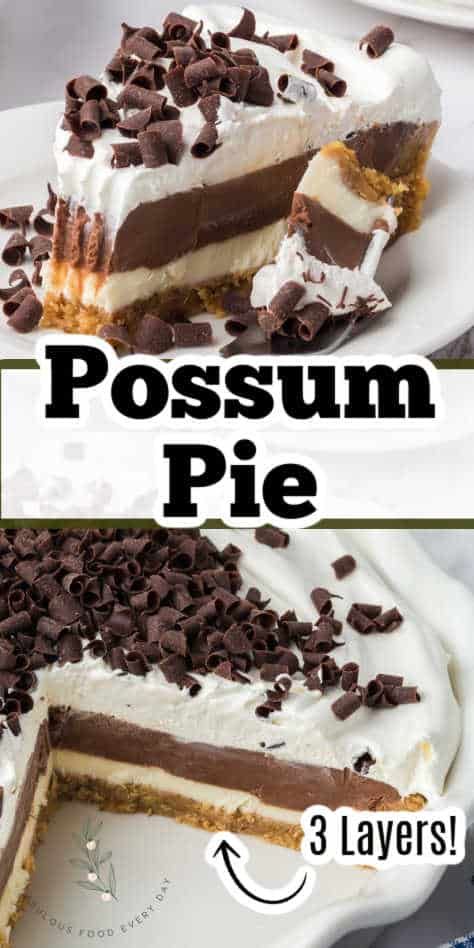 This possum pie is a no bake recipe that's perfect as a summer dessert! A cream cheese layer, chocolate pudding layer, shortbread and pecan crust layer and topped with whipped cream. #no #bake #dessert #summer #pie #cream #chocolate Possum Pie Recipe Arkansas, Pecan Shortbread Crust, Possum Pie, Summer Pie Recipes, Pudding Pie Recipes, Cream Cheese Whipped Cream, Whipped Cream Desserts, Chocolate Pie With Pudding, Baking Recipes Pie