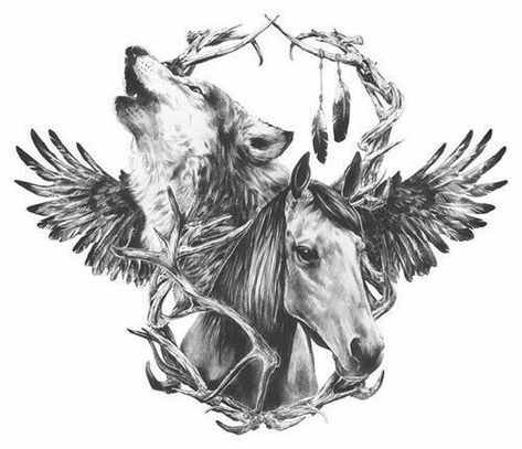 Wolf and Horse tattoo design Kurt Tattoo, Tattoo Horse, Black And White Tattoo, Horse Tattoo Design, Native American Tattoos, Tattoo Trend, Horse Tattoo, Wolf Tattoos, Wolf Tattoo