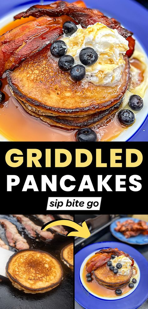 Griddle Pancakes Recipe images with steps and text overlay with Sip Bite Go logo Griddle Pancakes, Pancake Batter Recipe, Yellow Cornbread, Pancake Griddle, How To Cook Pancakes, Pancakes From Scratch, Easy Brunch Recipes, Griddle Recipes, Batter Recipe