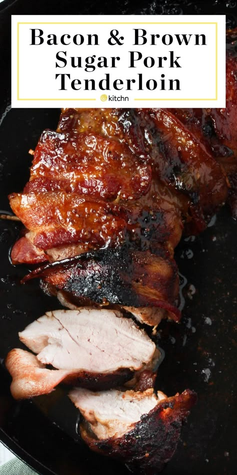 Bacon Brown Sugar Pork Tenderloin Recipe. Pork loin is so easy and quick to cook for a weeknight dinner, but why not kick your meal up a notch by trying some new recipes like this one! Wrap the tenderloin in bacon and drizzle it with a delicious sauce of chutney (or jam) and dijon mustard. Bake it in the oven and dinner is served! Brown Sugar Pork Tenderloin, Brown Sugar Bacon, Pork Tenderloin Recipe, Recipe Pork, Tenderloin Recipe, Pork Loin Recipes, Pork Dinner, Tenderloin Recipes, Pork Tenderloin Recipes