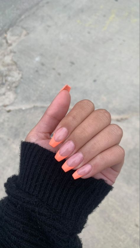 Orange Ombre French Tip Nails, Coral French Tips Nails, Coral French Tip Nails Coffin, Coral Orange French Tip Nails, Peach Nails French Tip, Coral Nail Tips, Coral Prom Nails, Orange French Tip Nails Coffin, Coral Tip Nails