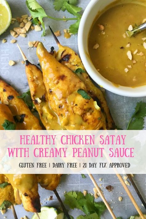 21 Day Fix Chicken Satay with Creamy Peanut Sauce| Confessions of a Fit Foodie 21 Day Fix Chicken, Chicken Satay Skewers, Histamine Diet, Asian Dinner Recipes, 21 Day Fix Meal Plan, Beachbody Recipes, Spicy Peanut Sauce, Satay Sauce, Low Histamine