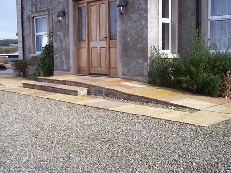 Large paver stone entry ramp Ramp Entry House, Concrete Wheelchair Ramp Design, Front Door Wheelchair Ramp Ideas, Steps And Ramp To Front Door, Front Door Ramp Ideas, Front Porch Wheelchair Ramp Ideas, Ramp Access To House, Wheelchair Accessible Front Door, Stone Ramp To Front Door