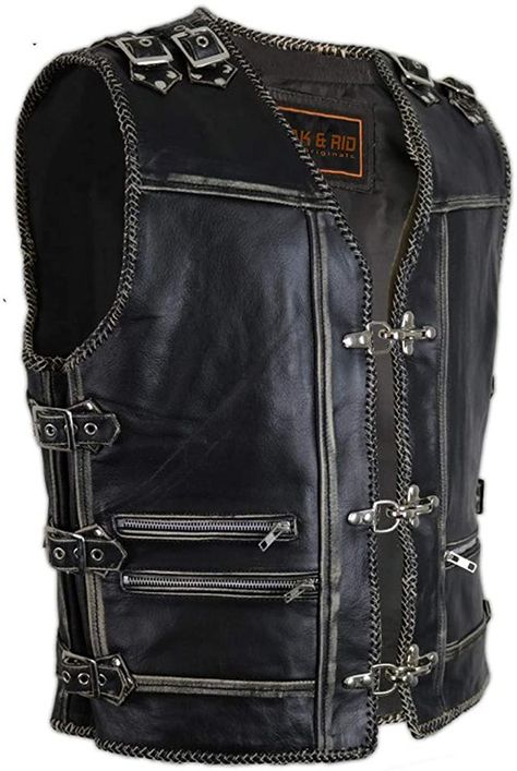 Amazon.com: Men's Genuine Cow Leather Heavy Zipper Buckled Rocker Biker Motorcycle Braided Waistcoat Vest: Clothing Big Man Style, Leather Biker Vest, Custom Leather Jackets, Biker Vest, Fringe Leather Jacket, Mens Gear, Carhartt Women, Motorcycle Leather, Leather Vest