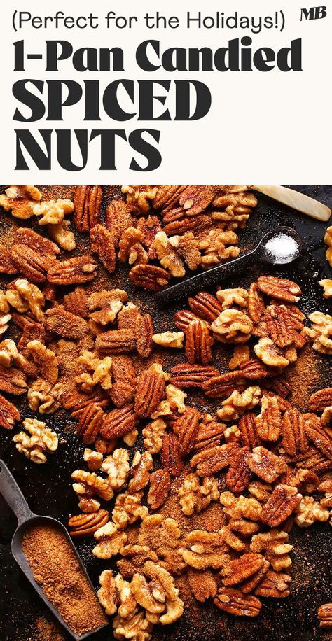 Amazing 15-minute roasted candied nuts made all on 1 pan! No bowl required, so spicy-sweet. The perfect holiday snack or homemade gift! Vegan Autumn, Plant Based Cookies, Spicy Nuts, Autumn Treats, Holiday Snack, Vegan Gluten Free Desserts, Minimalist Baker, Condiment Recipes, Christmas Spices